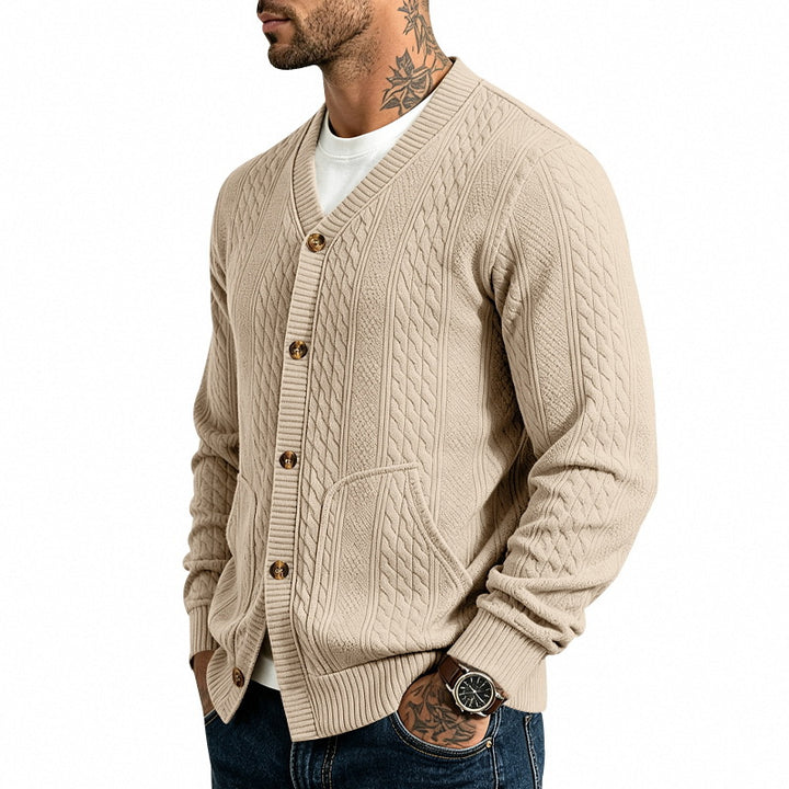 Herren Strukturierter Strickcardigan mit V-Ausschnitt und Zopfmuster Drune