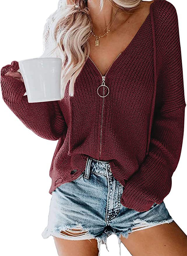 Damen Lässiger Pullover mit modernem Reißverschluss und weitem Schnitt Drune