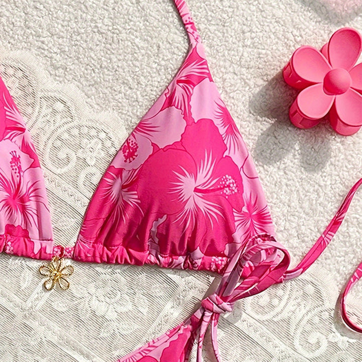 Damen Triangel-Bikini mit floralen Mustern und verstellbaren Bindebändern Drune