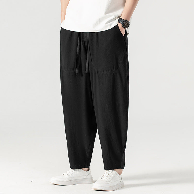 Herren Lässige Leinen-Baumwoll-Hose mit weitem Bein, Kordelzug und aufgesetzten Taschen Drune