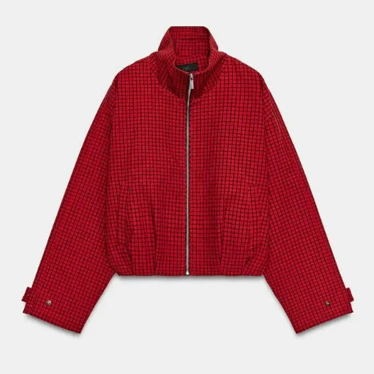 Damen Cropped Blousonjacke aus Webstoff mit Stehkragen, elastischem Saum und feinem Karo‑Design Drune