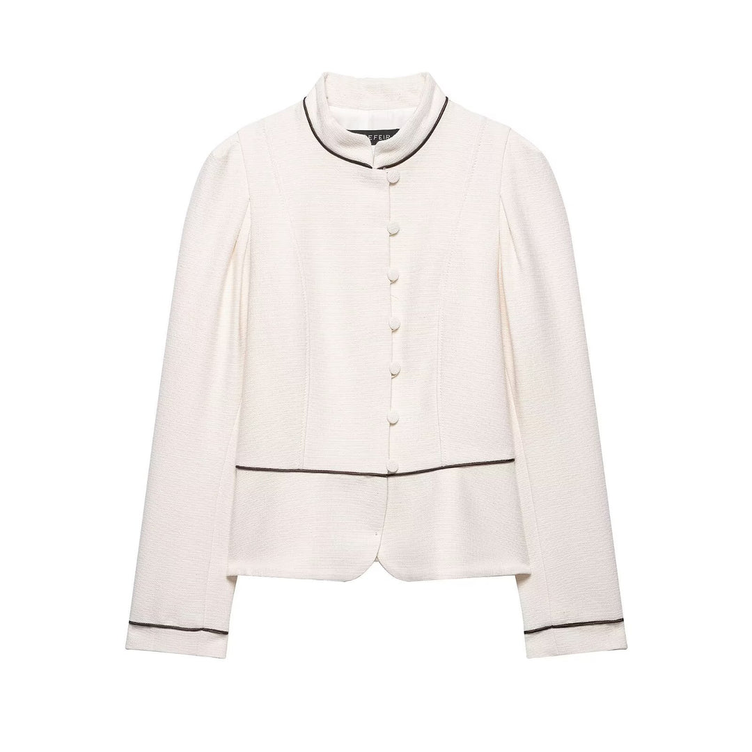 Damen Kurzblazer im Bouclé-Look mit Stehkragen, Zierknopfleiste und Kontrastpaspel Drune