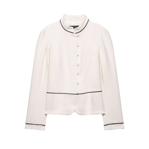 Damen Kurzblazer im Bouclé-Look mit Stehkragen, Zierknopfleiste und Kontrastpaspel Drune