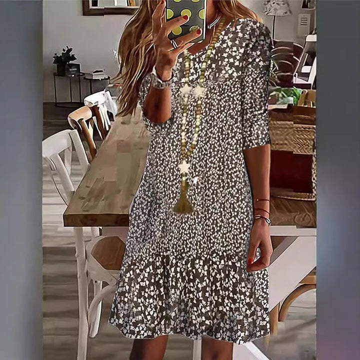 Damen Casual Midi Kleid mit Rüschensaum, Dreiviertelarm und Blumendruck Drune