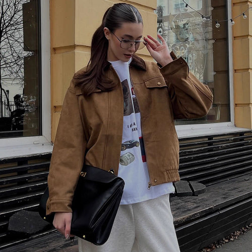 Damen Boxy-Suede-Blousonjacke mit Cordkragen und Teddyfutter Drune