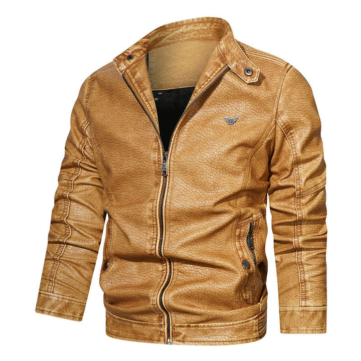 Herren Kunstleder-Bikerblouson mit strukturiertem Finish, gesteppter Ärmelpartie und Stehkragen Drune