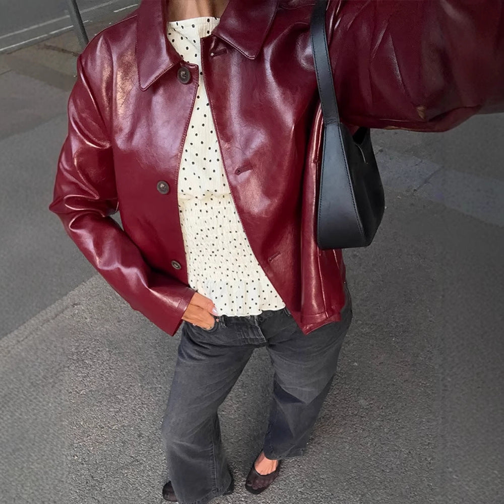Damen Boxy-Kunstlederjacke mit Hemdkragen und geradem Cropped-Schnitt Drune