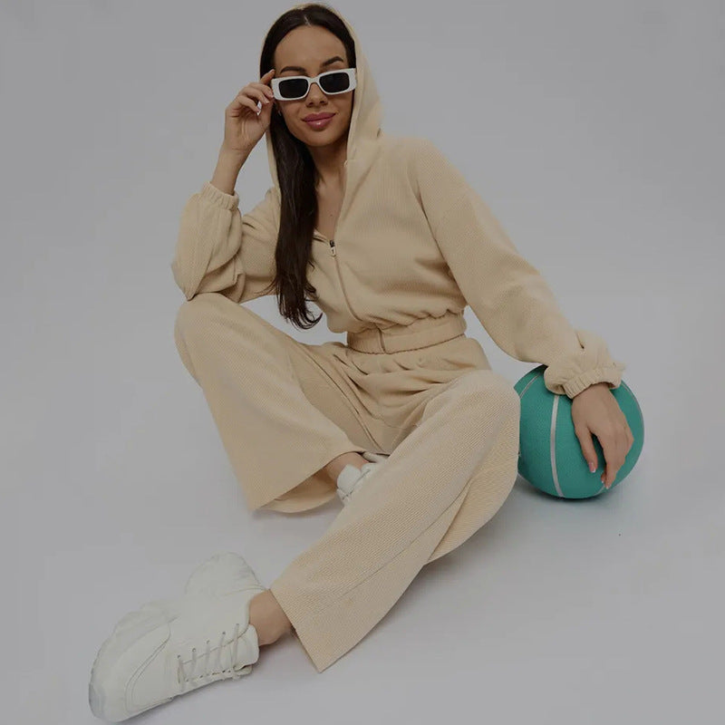 Damen Velours-Loungewear-Set mit kurzem Reißverschluss-Hoodie und weiter hochgeschnittener Palazzohose Drune