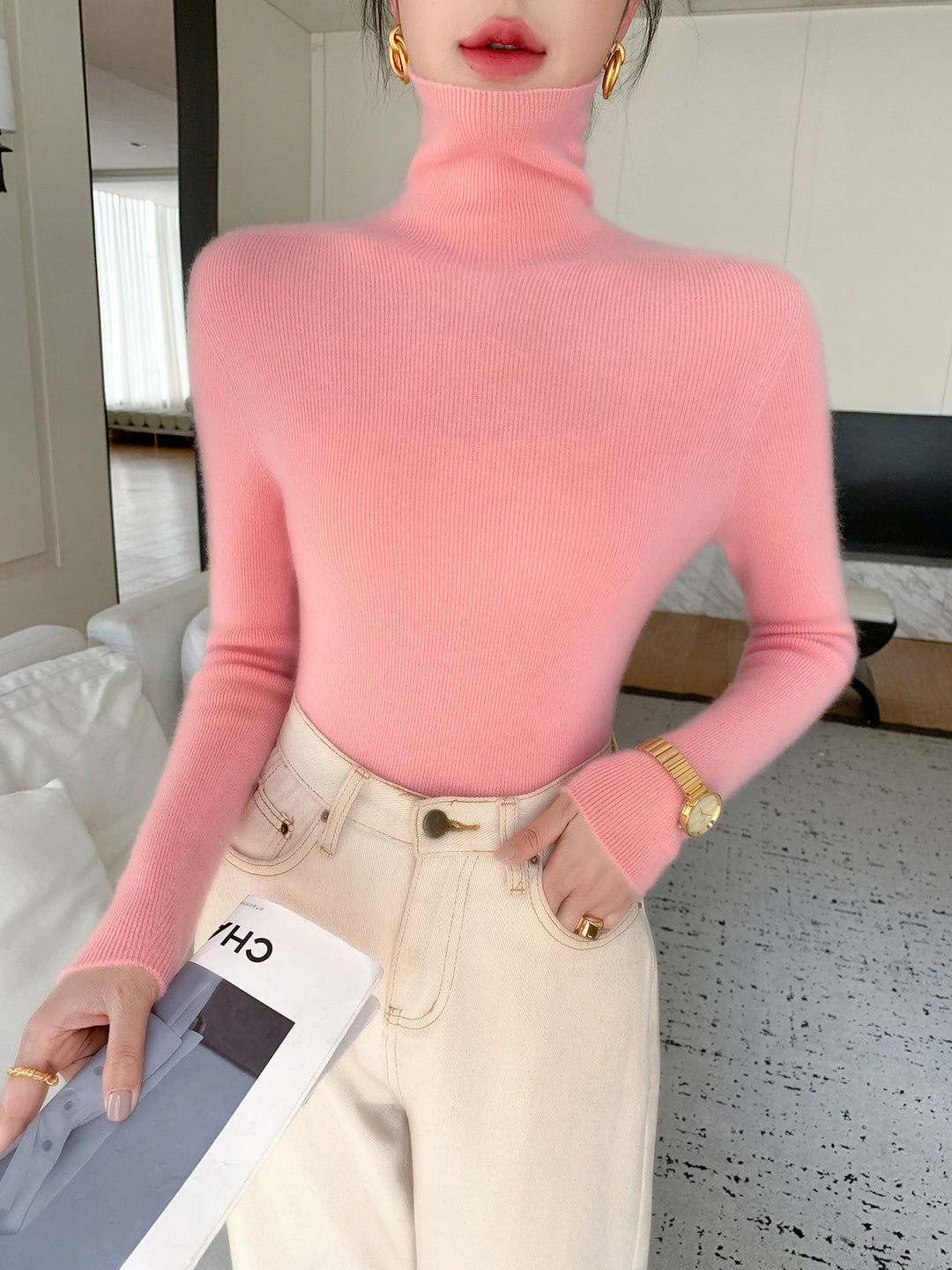 Damen Schlanker Feinstrickpullover mit hohem Rollkragen und feiner Rippstruktur Drune