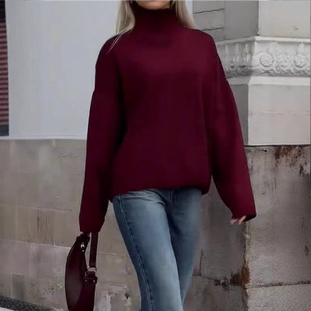Damen Oversized Strickpullover mit hohem Kragen und lässiger Passform Drune