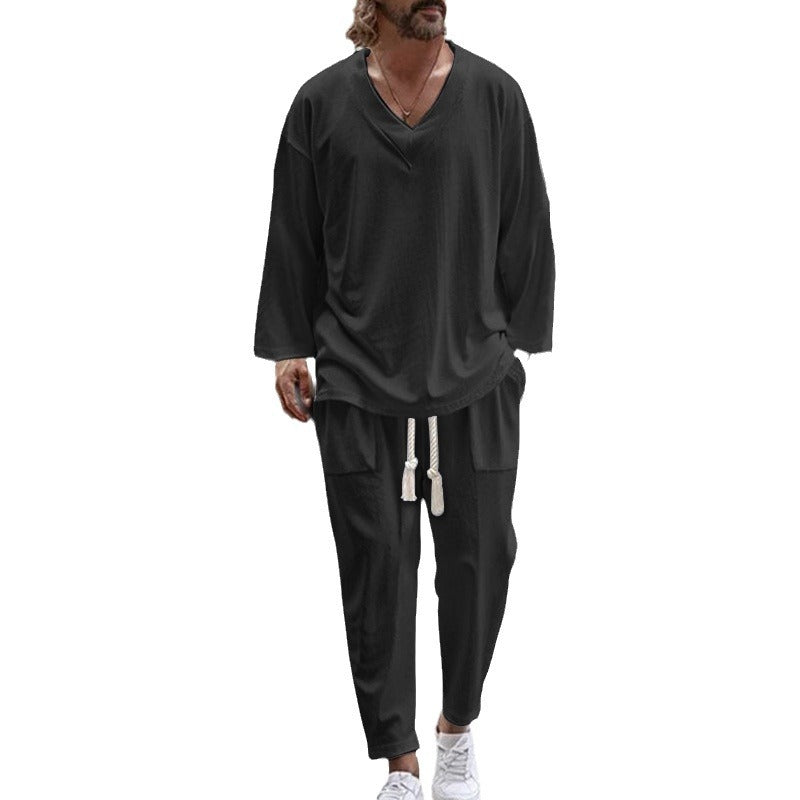 Herren Lässiges Lounge-Set aus Baumwollmix mit V-Ausschnitt und Kordelbundhose Drune