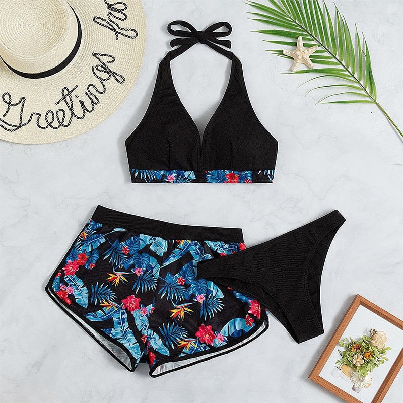 Damen Sportliches Bikini-Set mit hochgeschlossenem Oberteil und lässigen Shorts Drune