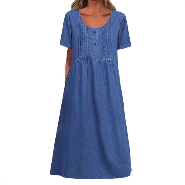 Damen nan locker sitzendes Midikleid im Denim-Look mit Rundhalsausschnitt, Brustbiesen und seitlichen Eingrifftaschen Drune