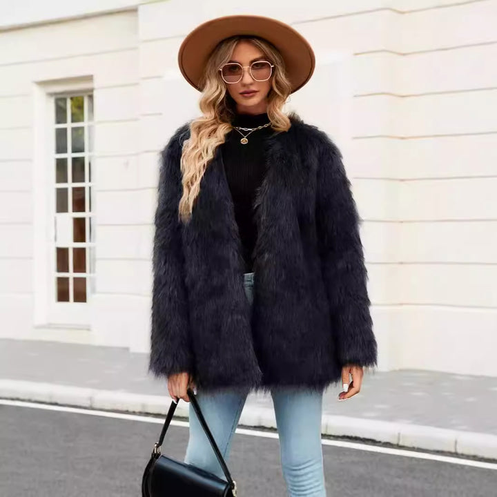 Damen Luxe Kunstfelljacke mit offenem Kragen Drune