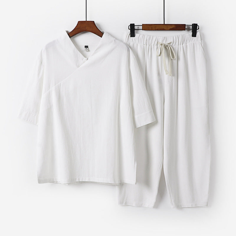 Herren Atmungsaktives Leinen-Baumwoll Lounge-Set mit asymmetrischem V-Kragen und elastischer Kordelhose Drune