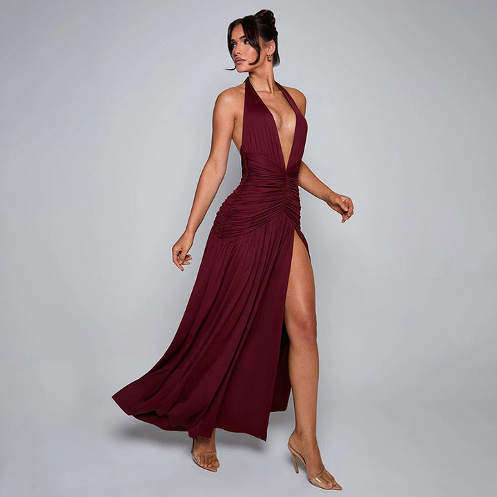 Damen Maxi Kleid mit gerafftem Design und tiefem V-Ausschnitt Drune