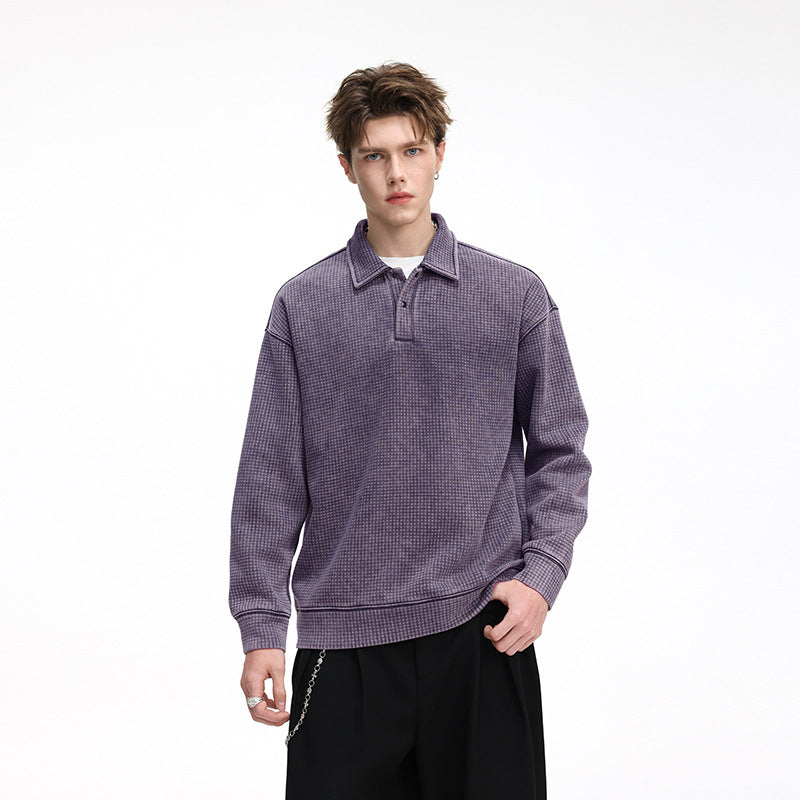 Herren Waffelstruktur-Poloshirtpullover mit Kragen und verdeckter Knopfleiste Drune