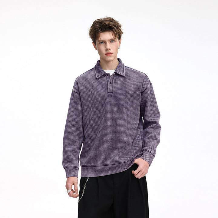 Herren Waffelstruktur-Poloshirtpullover mit Kragen und verdeckter Knopfleiste Drune
