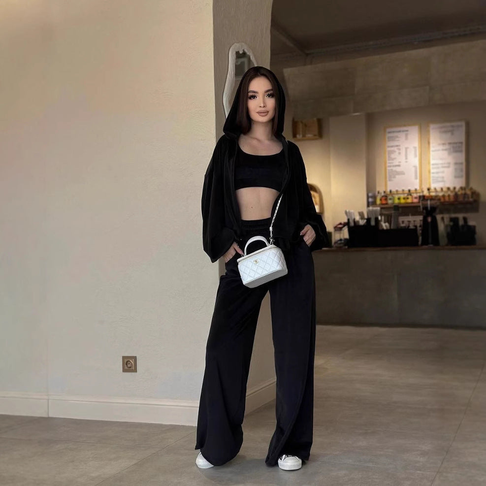 Damen Cropped Samt-Hoodie mit weitem Arm und High-Waist Jogginghose im Lounge-Set Drune