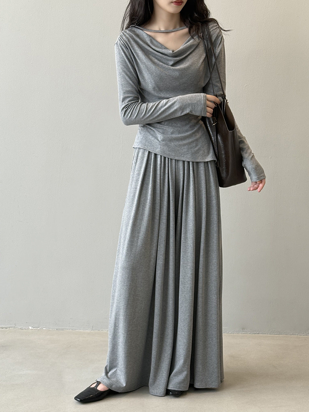 Damen Zweiteiliges Jersey-Set mit asymmetrischem Wasserfallkragen und weitem Maxirock Drune