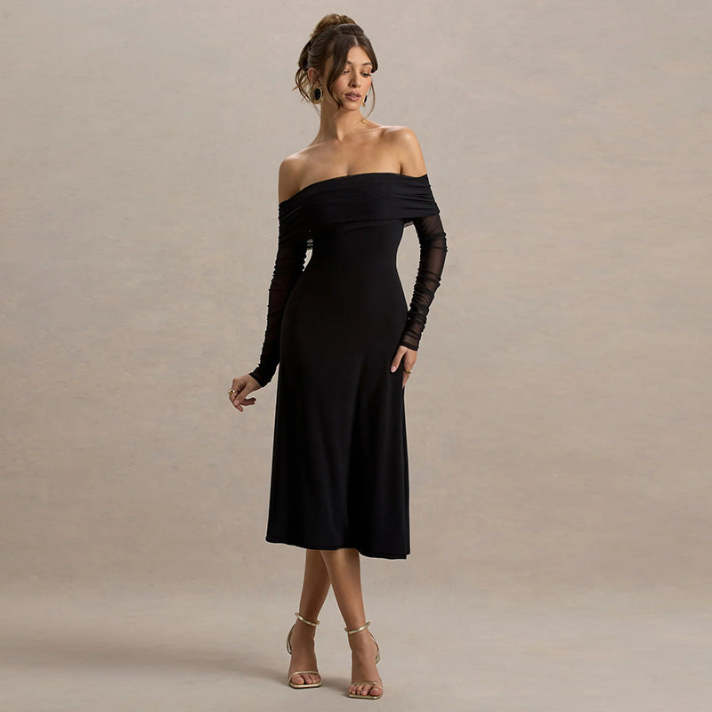 Damen elegantes schulterfreies Midikleid mit Rüschendetails und transparenten Ärmeln Drune