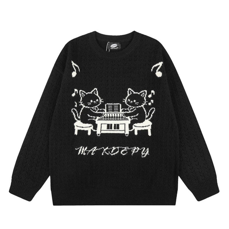 Damen Oversize Strickpullover mit Jacquard-Katzenmotiv und musikalischem Design Drune