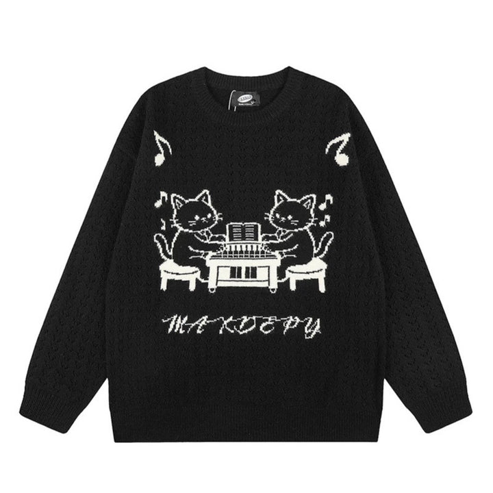 Damen Oversize Strickpullover mit Jacquard-Katzenmotiv und musikalischem Design Drune