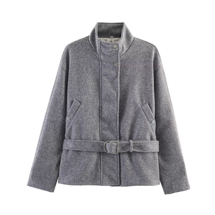 Damen Gekürzte Wollmix-Jacke mit Stehkragen, Taillengürtel und Druckknopfverschluss Drune