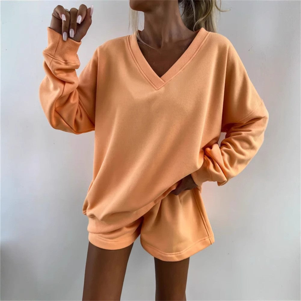 Damen lässiges V-Ausschnitt Sweatshirt und kurze Sporthosen Set Drune