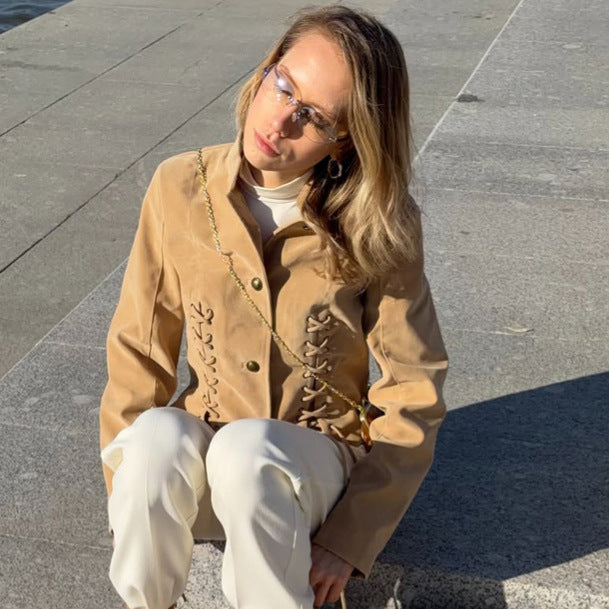 Damen Kurzjacke aus Veloursleder-Optik mit seitlichen Schnürungen & Stehkragen Drune