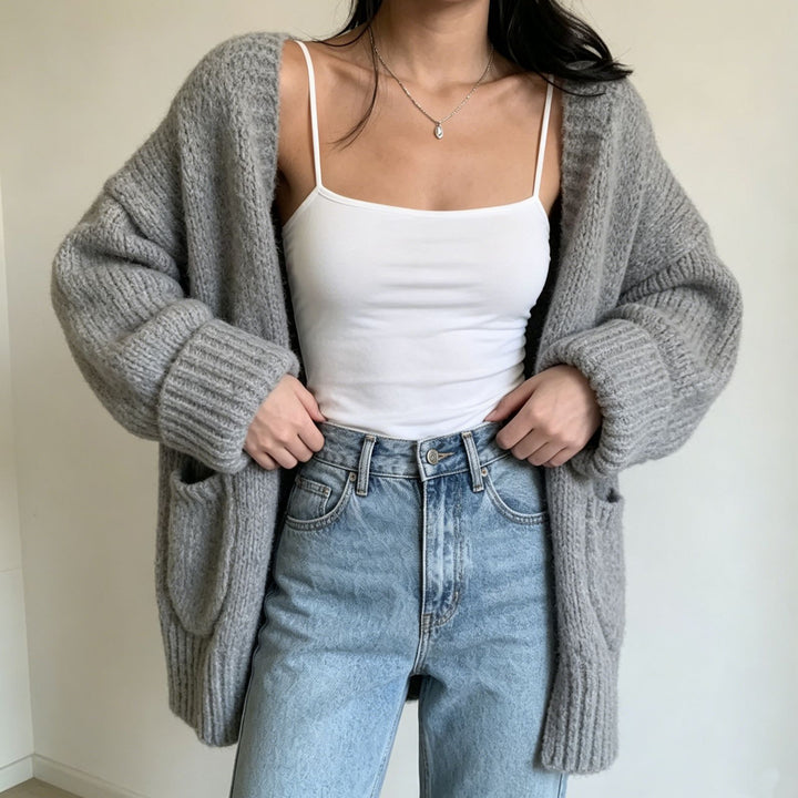 Damen Langer Offener Grobstrick-Cardigan mit aufgesetzten Taschen und gerippten Bündchen Drune