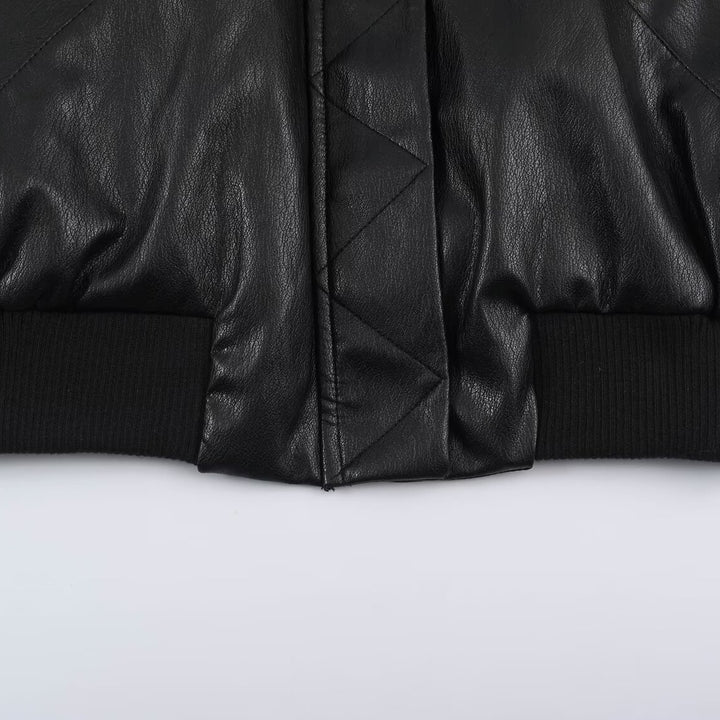 Damen Kunstleder-Bomberjacke im Cropped-Design mit Rippbündchen Drune