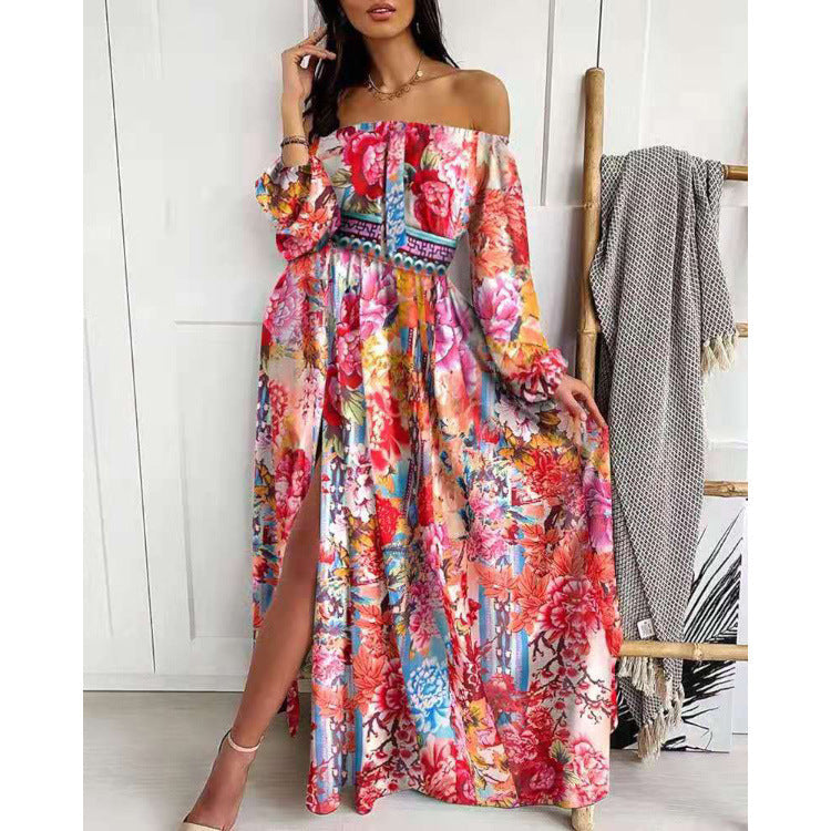 Damen Maxikleid mit offenem Schulterdesign und aufwendigem Barockmuster Drune