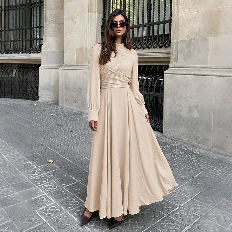 Damen Elegantes Maxikleid mit hochgeschlossenem Kragen und Rüschendetails Drune