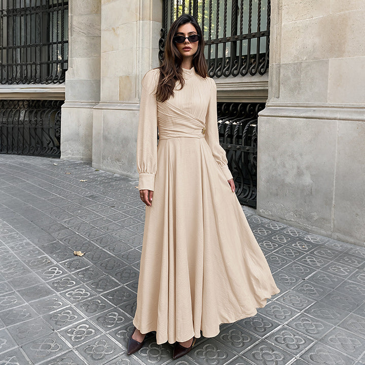 Damen Elegantes Maxikleid mit hochgeschlossenem Kragen und Rüschendetails Drune