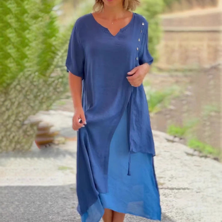 Damen nan zweilagiges Hemdkleid mit asymmetrischem Lagenrock, seitlicher Zierknopfleiste und Tunnelzug Drune