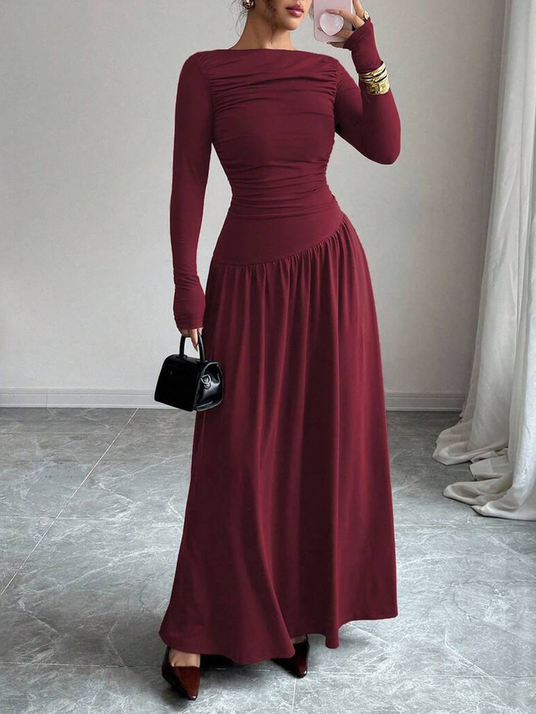 Damen Maxikleid mit gerafftem Oberteil, tailliertem Bund und Langarm Drune