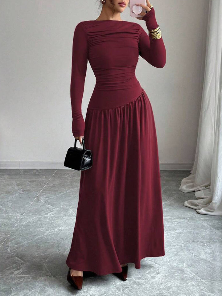 Damen Maxikleid mit gerafftem Oberteil, tailliertem Bund und Langarm Drune