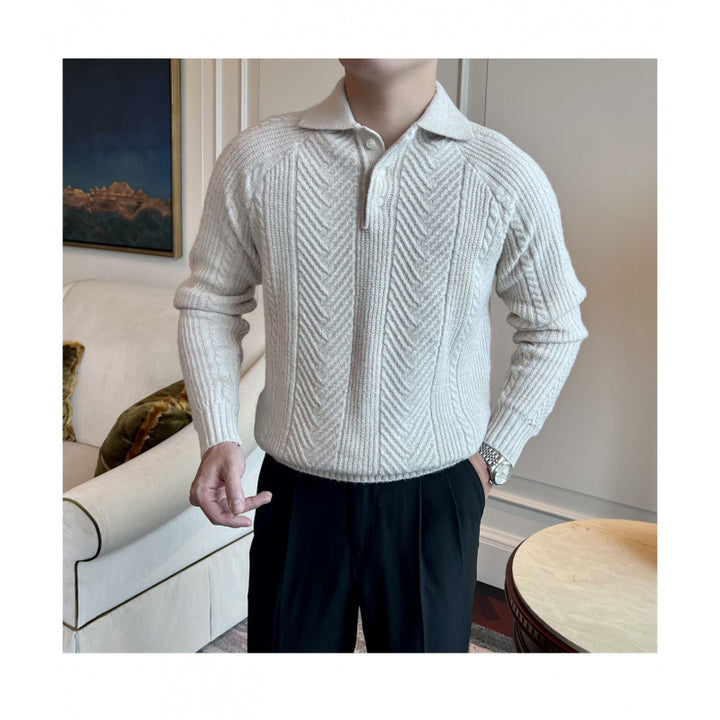 Herren Polokragen-Zopfstrick-Pullover mit halber Knopfleiste Drune
