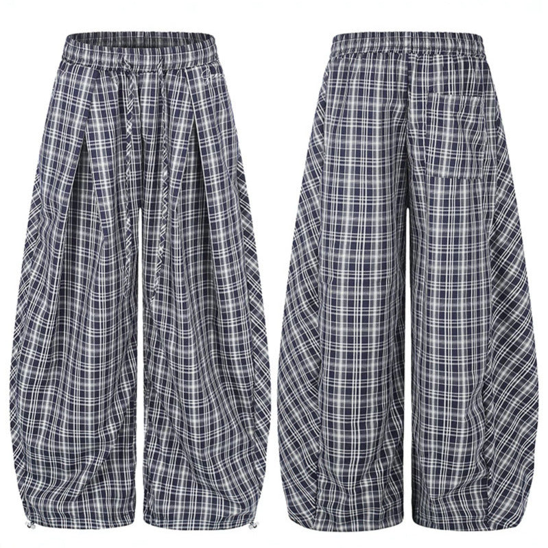 Damen Weite Harem-Ballonhose mit elastischem Bund, Kordelzug und Karomuster Drune