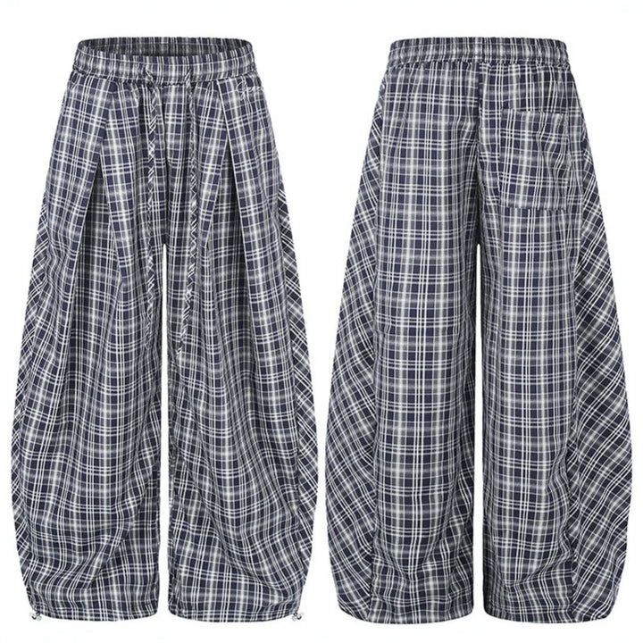 Damen Weite Harem-Ballonhose mit elastischem Bund, Kordelzug und Karomuster Drune