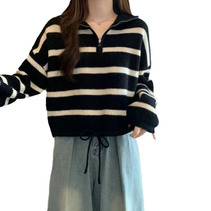 Damen Crop-Pullover mit hohem Kragen und Geflochtenem Saum Drune