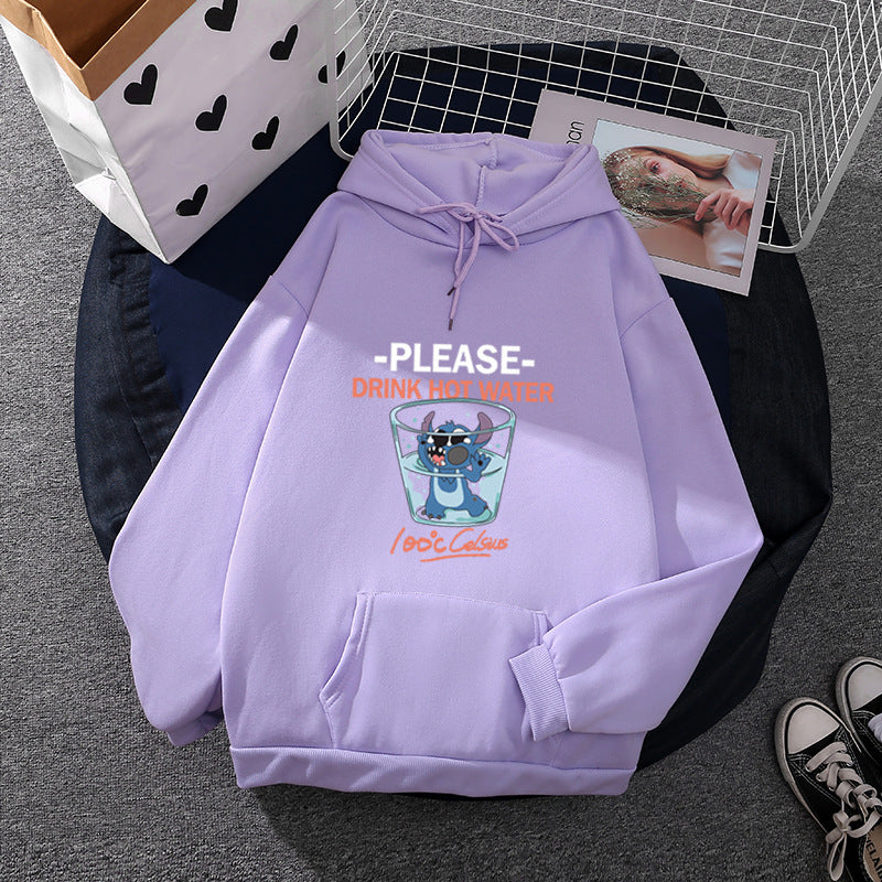 Damen nan Kapuzenpullover mit großflächigem Cartoon-Glas-Print, weichem Fleece-Innenfutter und Kängurutasche Drune