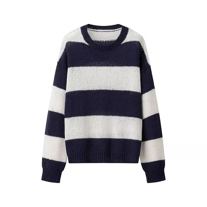 Damen Oversize-Strickpullover mit breiten Blockstreifen und Rundhalsausschnitt Drune