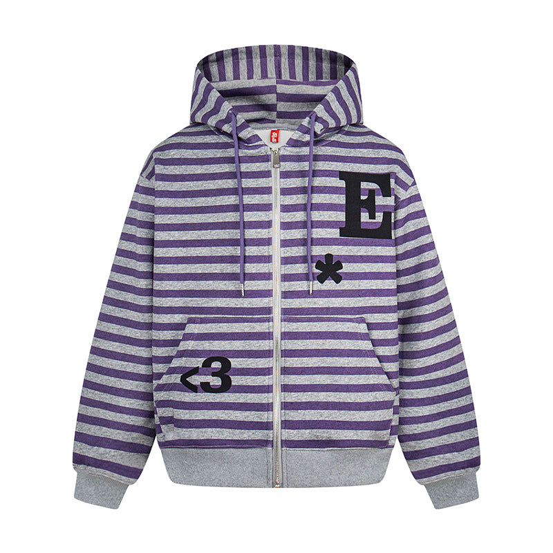 Damen Kapuzen-Sweatjacke im Oversize-Streifenlook mit durchgehendem Reißverschluss und typografischem Frontprint Drune