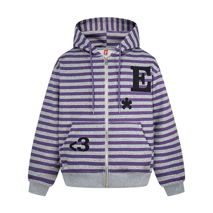 Damen Kapuzen-Sweatjacke im Oversize-Streifenlook mit durchgehendem Reißverschluss und typografischem Frontprint Drune