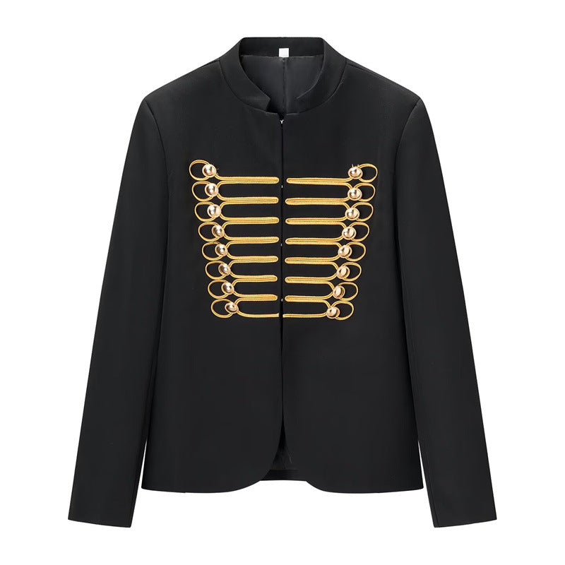 Damen Militärinspirierte Kurzjacke mit Stehkragen und goldenen Zierlitzen Drune
