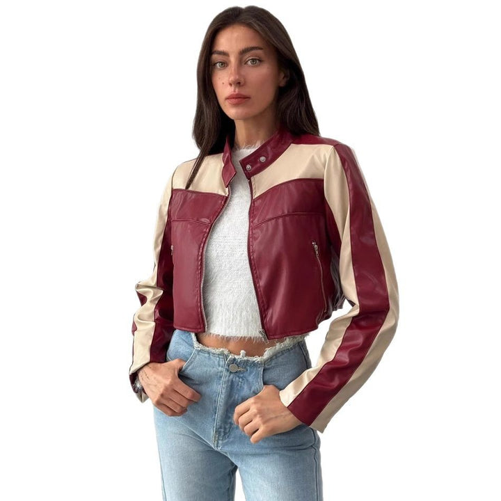 Damen cropped Kunstlederjacke mit kontrastierenden Einsätzen Drune