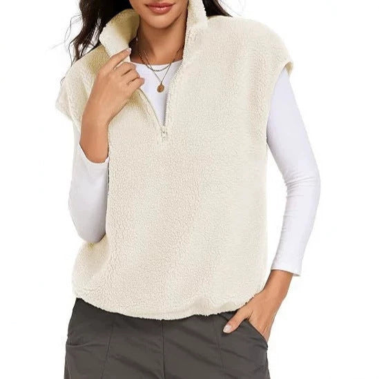 Damen Ärmellose Teddy-Fleece-Weste mit halbem Reißverschluss und Stehkragen Drune
