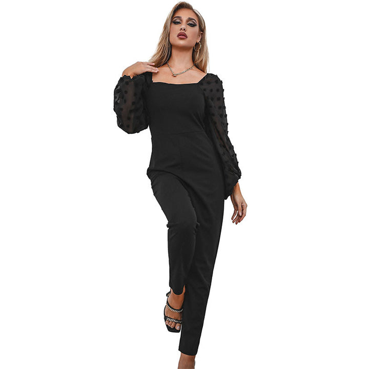 Damen Eleganter Jumpsuit mit Puffärmeln aus Mesh und Quadratausschnitt Drune